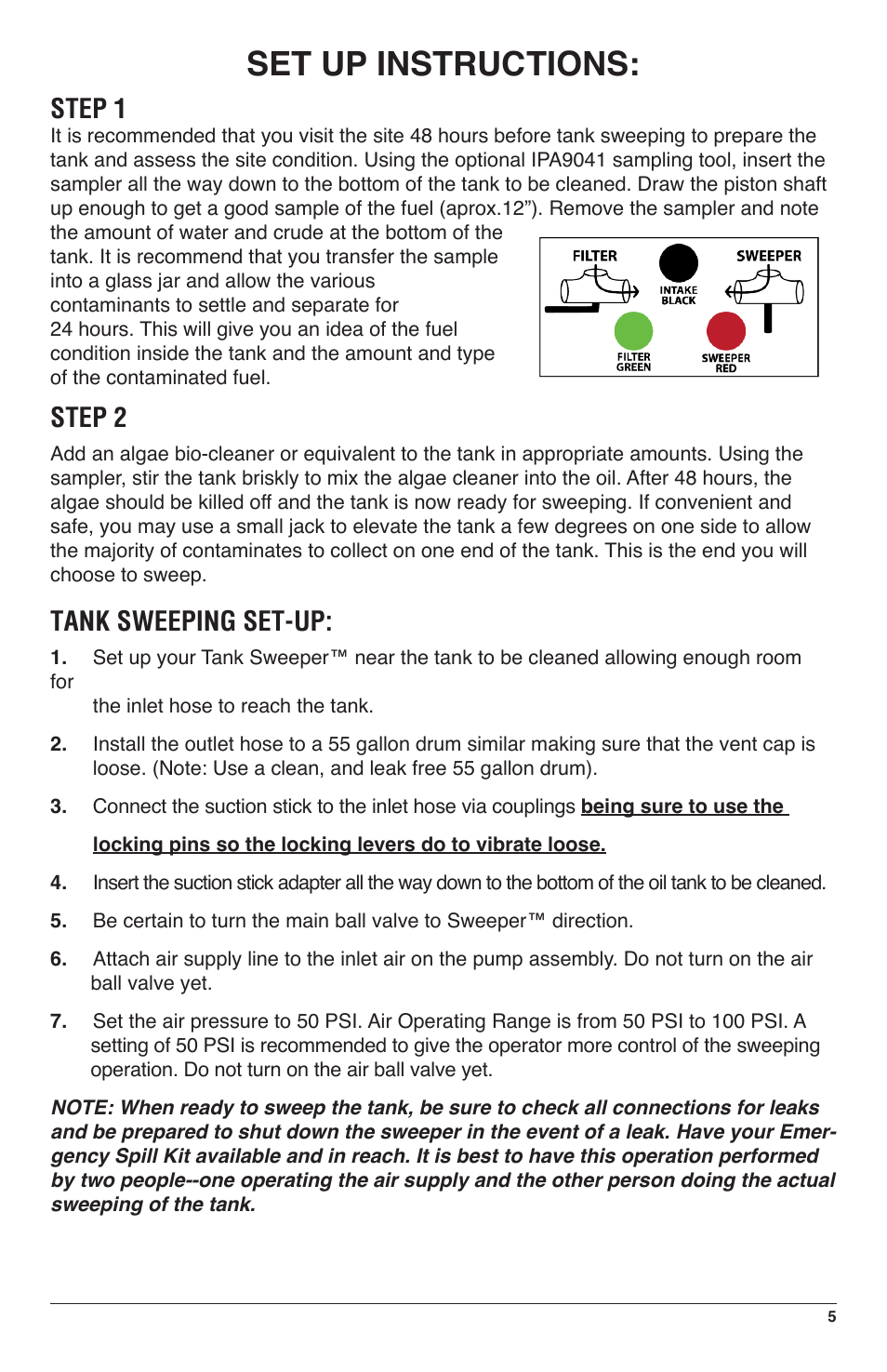 Set up instructions, Step 1, Step 2 | Tank sweeping set-up | IPA Tools 9040PN Fuel Tank Sweeper with Pneumatic Pump User Manual | Page 5 / 12