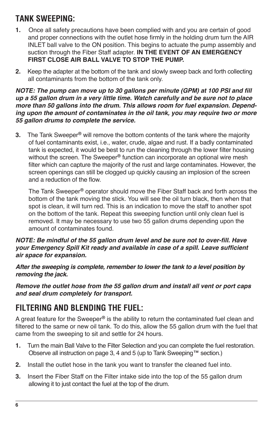 Filtering and blending the fuel, Tank sweeping | IPA Tools 9040PN Fuel Tank Sweeper with Pneumatic Pump User Manual | Page 6 / 12