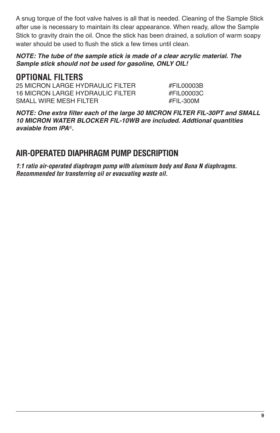 Air-operated diaphragm pump description, Optional filters | IPA Tools 9040PN Fuel Tank Sweeper with Pneumatic Pump User Manual | Page 9 / 12