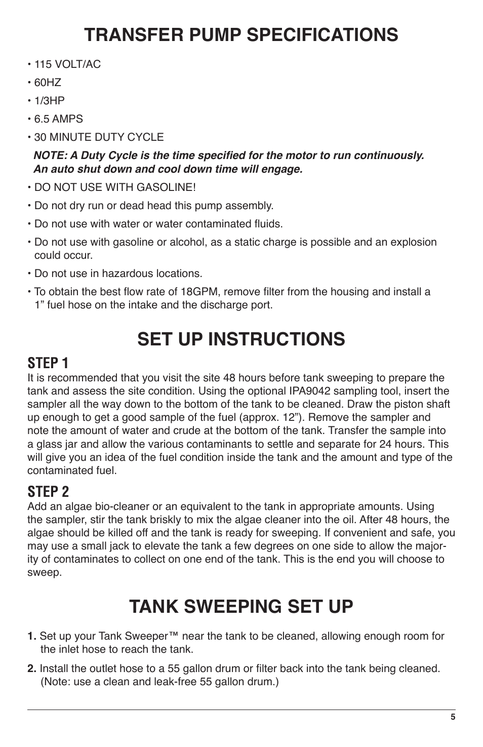 Transfer pump specifications, Set up instructions, Tank sweeping set up | Step 1, Step 2 | IPA Tools 9049 Fleet Tank Sweeper User Manual | Page 5 / 8