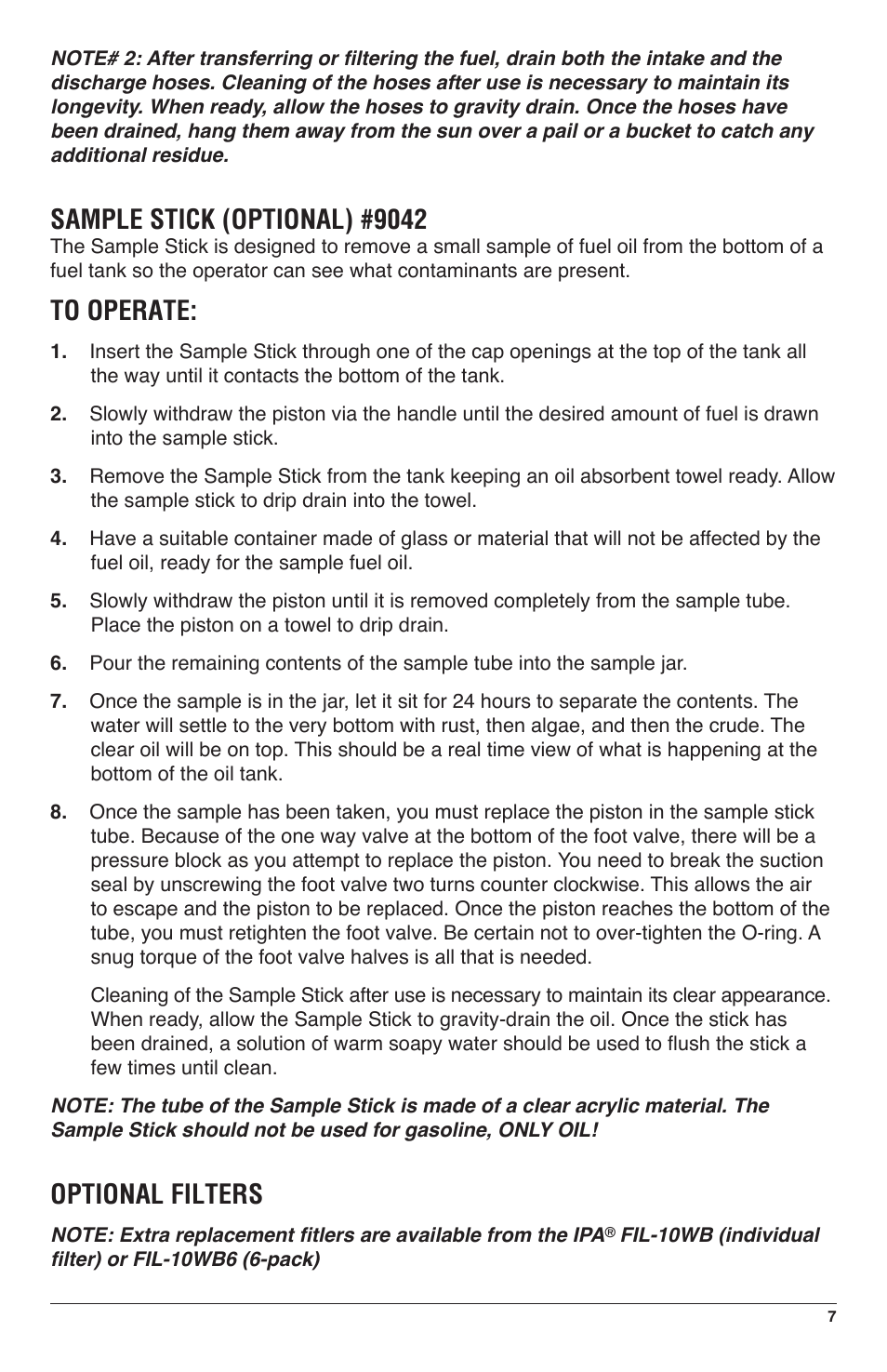Sample stick (optional) #9042, Optional filters | IPA Tools 9049 Fleet Tank Sweeper User Manual | Page 7 / 8