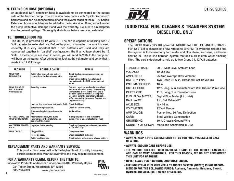 IPA Tools DTP20C Mobile Fuel Transfer Station User Manual | 4 pages