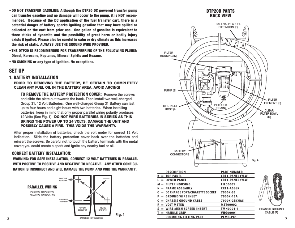 Set up, Battery installation, Dtp20b parts back view | Correct battery installation | IPA Tools DTP20C Mobile Fuel Transfer Station User Manual | Page 2 / 4
