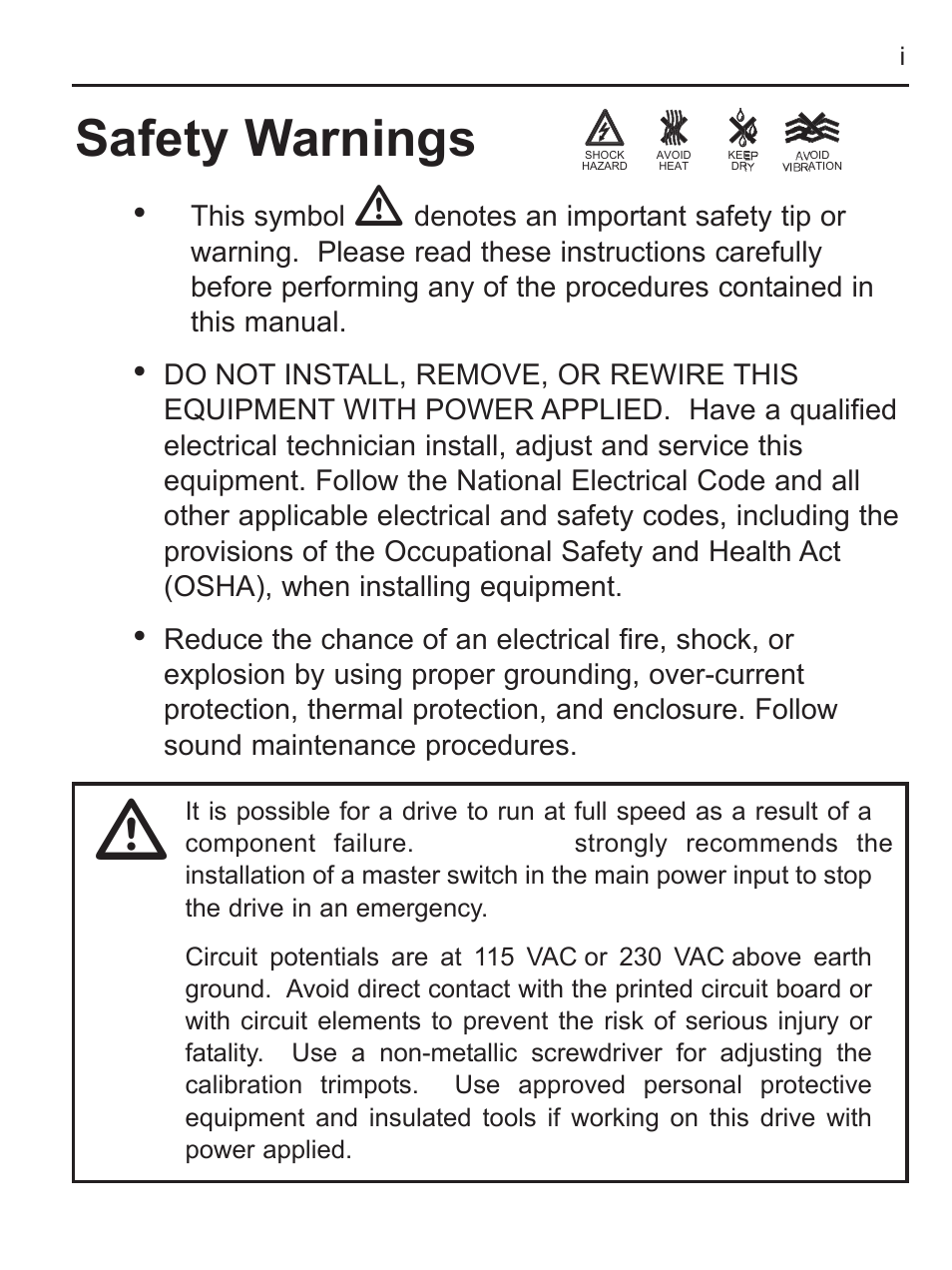 Safety warnings | LEESON FHP Series NEMA 4x Variable Speed Drive User Manual | Page 2 / 67