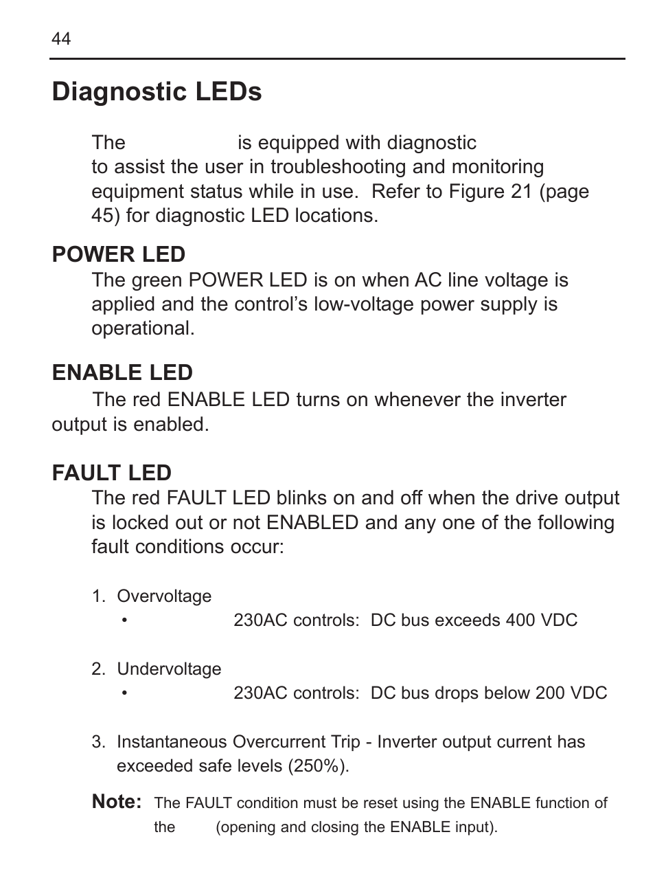 Diagnostic leds, Power led, Enable led | Fault led | LEESON FHP Series NEMA 4x Variable Speed Drive User Manual | Page 53 / 67