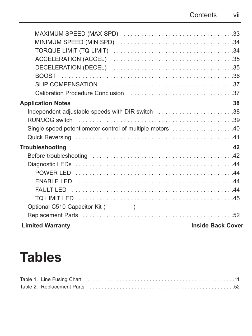 Tables | LEESON FHP Series NEMA 4x Variable Speed Drive User Manual | Page 8 / 67