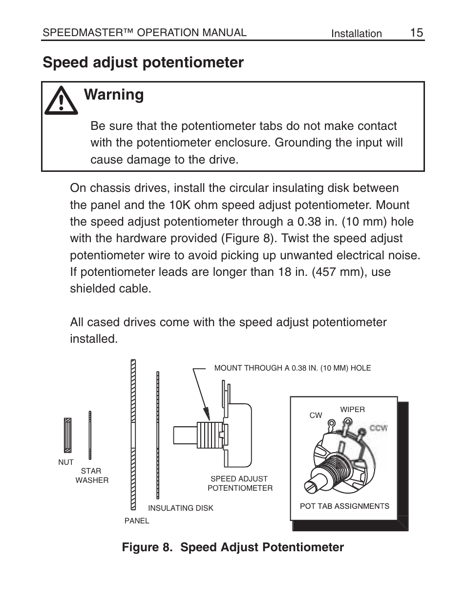 Speed adjust potentiometer warning | LEESON Chassis Mount SCR Control User Manual | Page 21 / 60