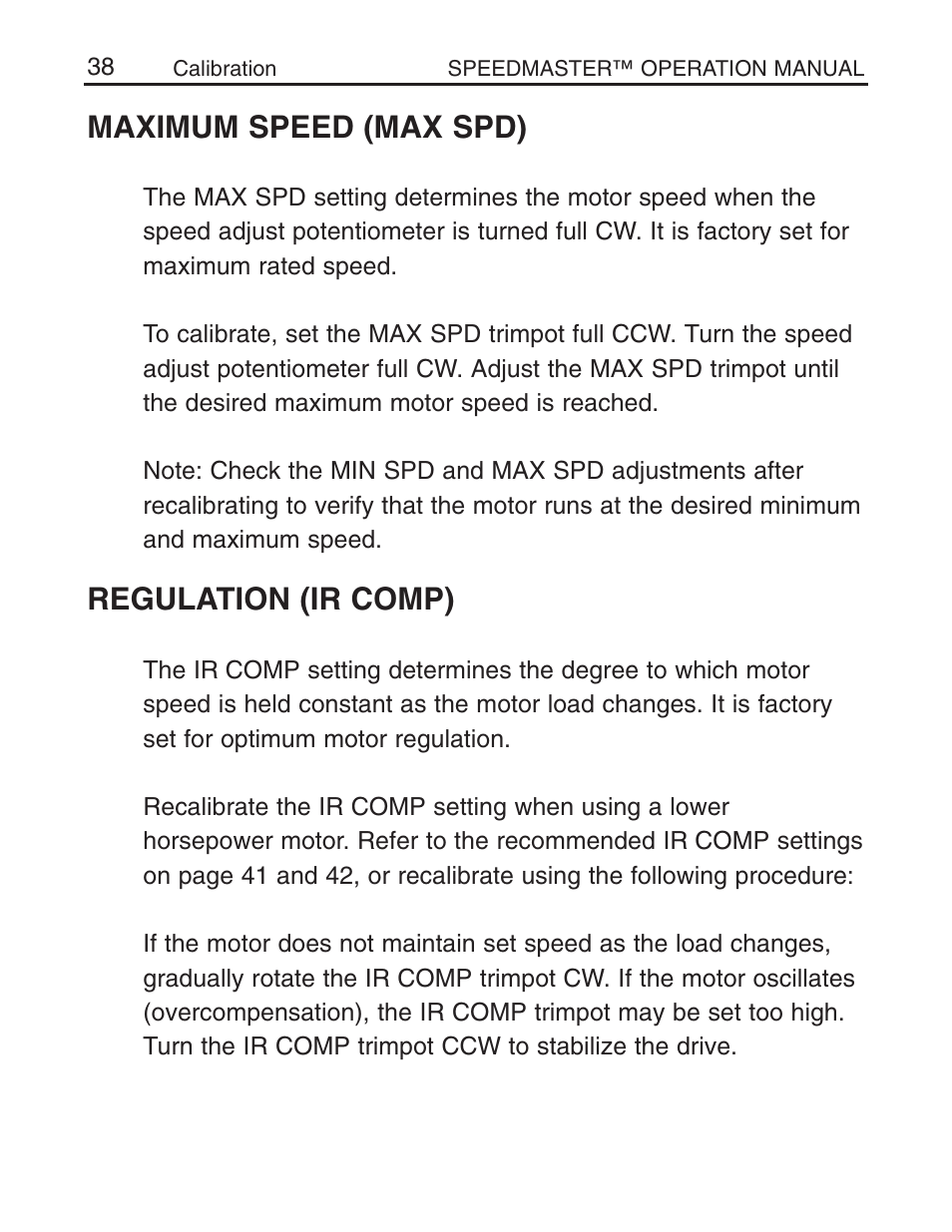 Maximum speed (max spd), Regulation (ir comp) | LEESON Chassis Mount SCR Control User Manual | Page 44 / 60