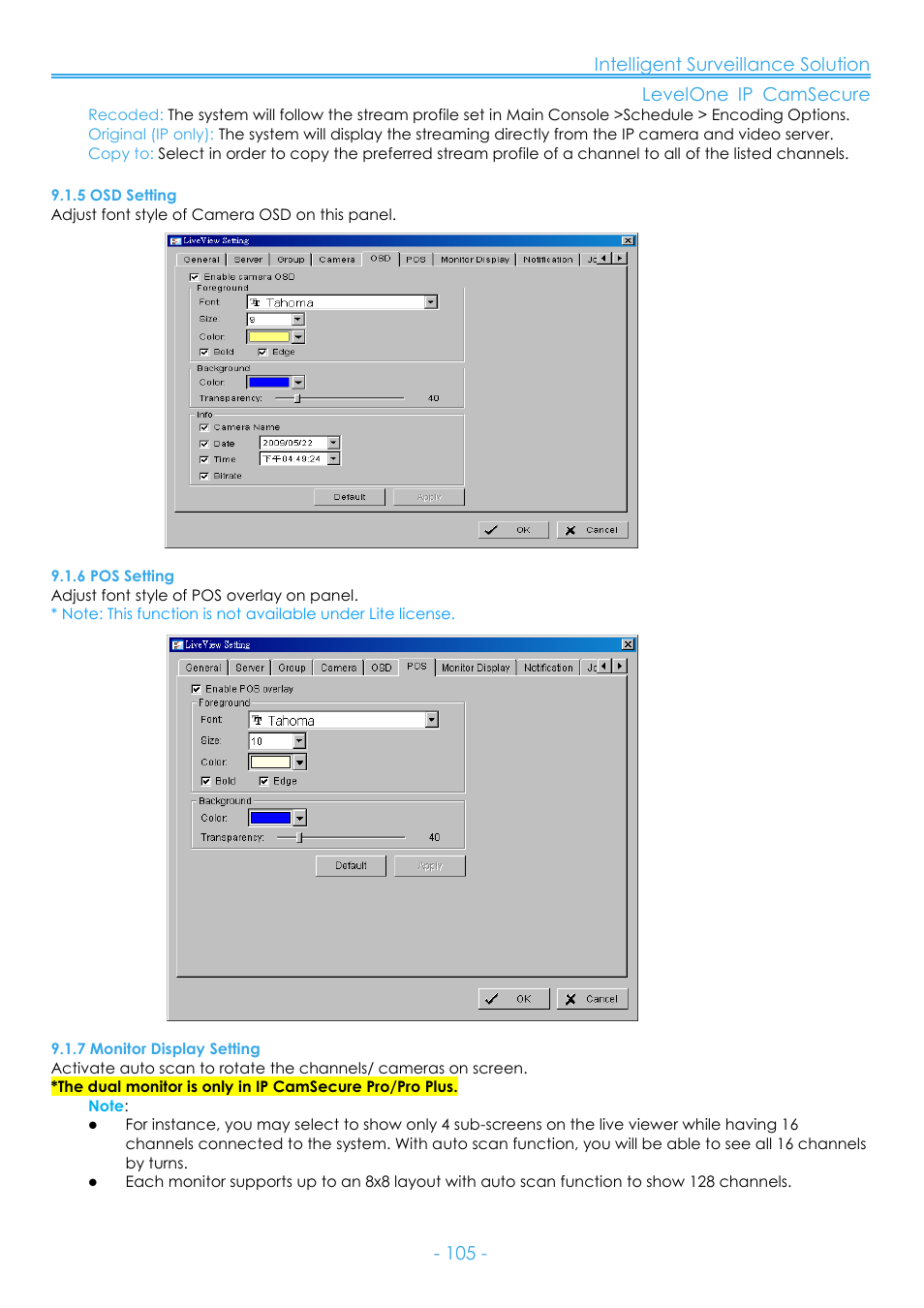 5 osd setting, 6 pos setting, 7 monitor display setting | LevelOne FCS-8006 User Manual | Page 106 / 139