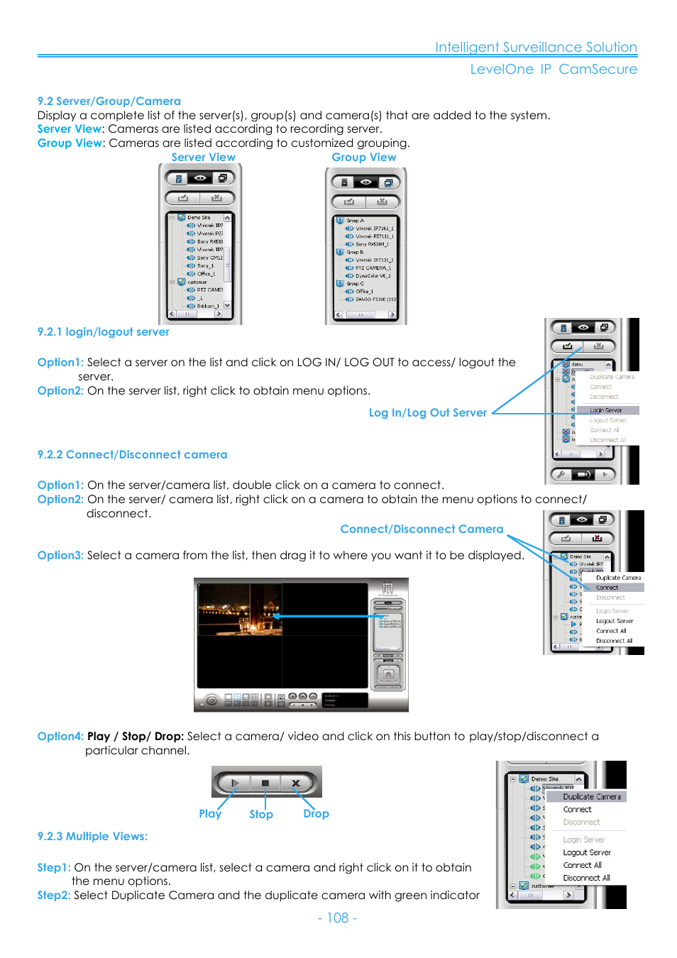 2 server/group/camera, 1 login/logout server, 2 connect/disconnect camera | 3 multiple views | LevelOne FCS-8006 User Manual | Page 109 / 139