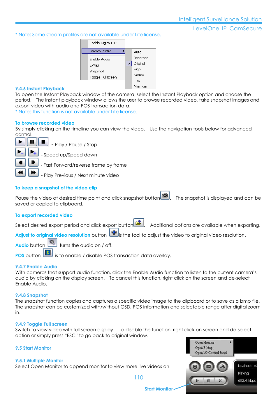 6 instant playback, 7 enable audio, 8 snapshot | 9 toggle full screen, 5 start monitor, 1 multiple monitor | LevelOne FCS-8006 User Manual | Page 111 / 139