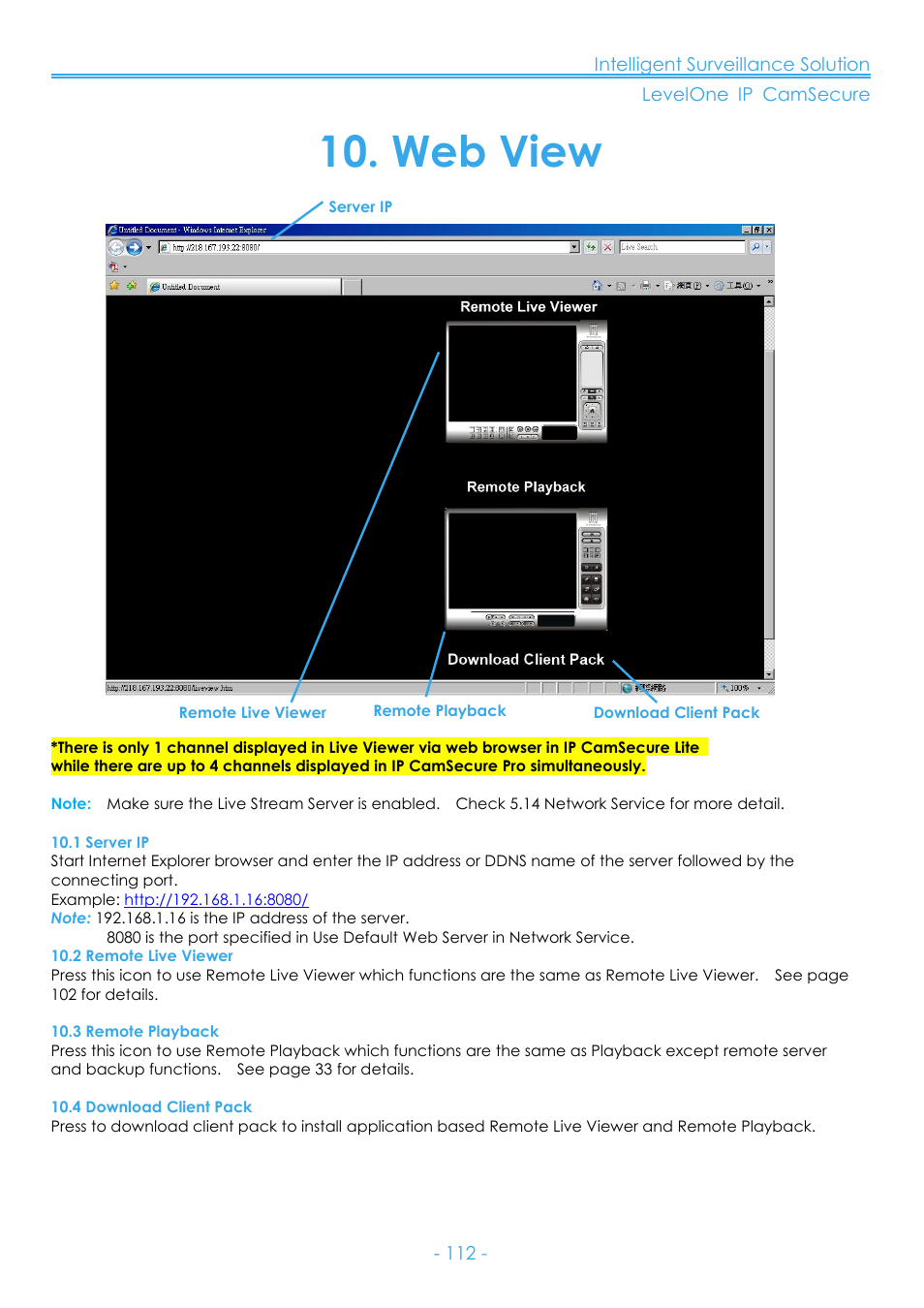 Web view, 1 server ip, 2 remote live viewer | 3 remote playback, 4 download client pack | LevelOne FCS-8006 User Manual | Page 113 / 139