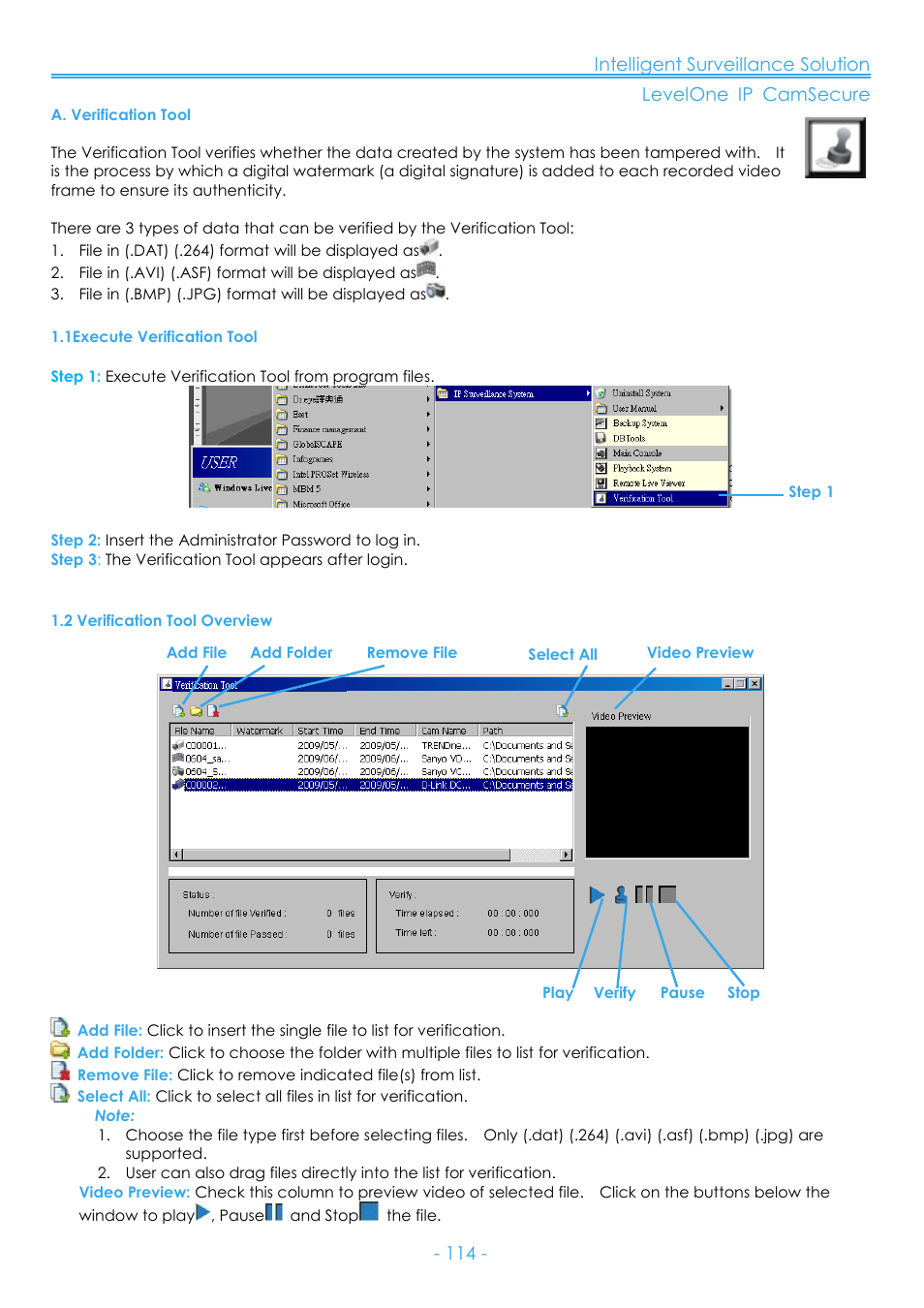 A. verification tool, 1execute verification tool, 2 verification tool overview | LevelOne FCS-8006 User Manual | Page 115 / 139