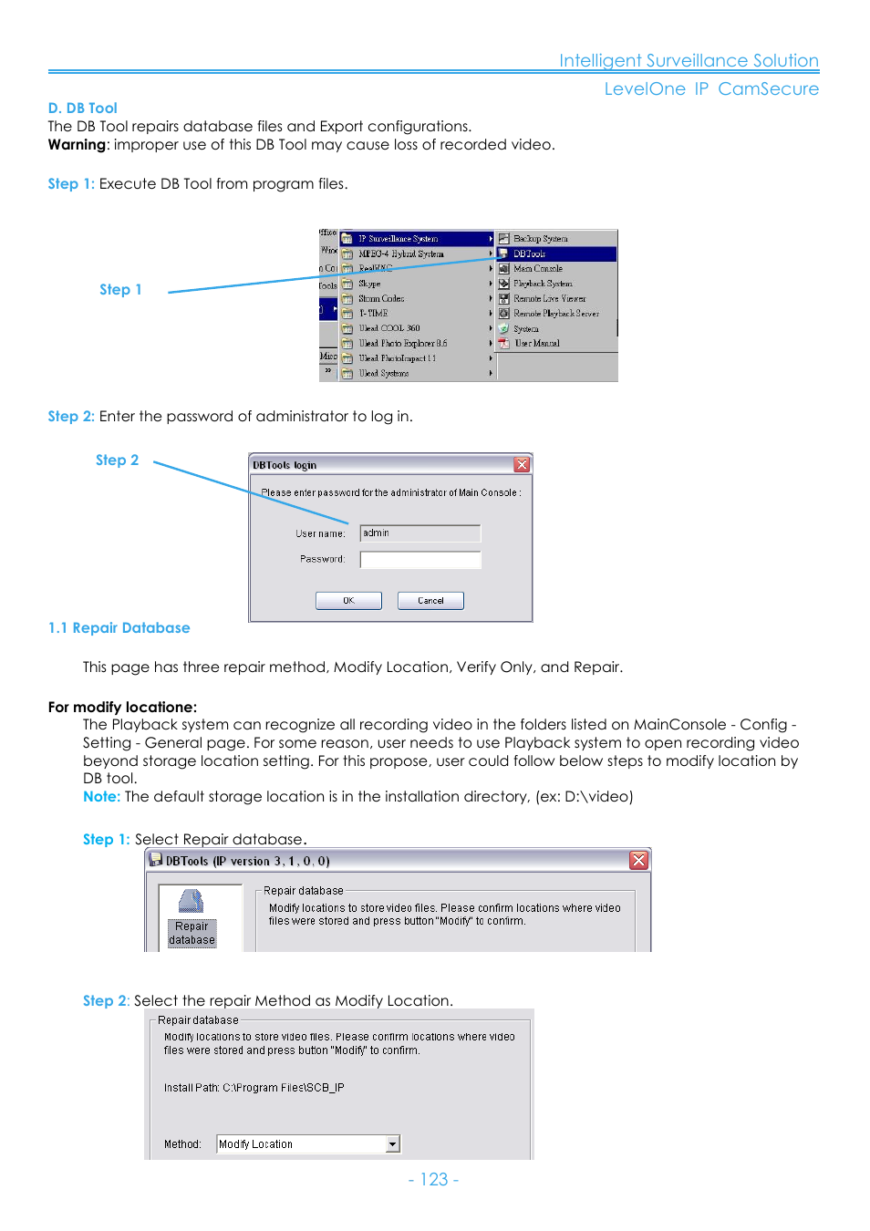 D. db tool, 1 repair database | LevelOne FCS-8006 User Manual | Page 124 / 139