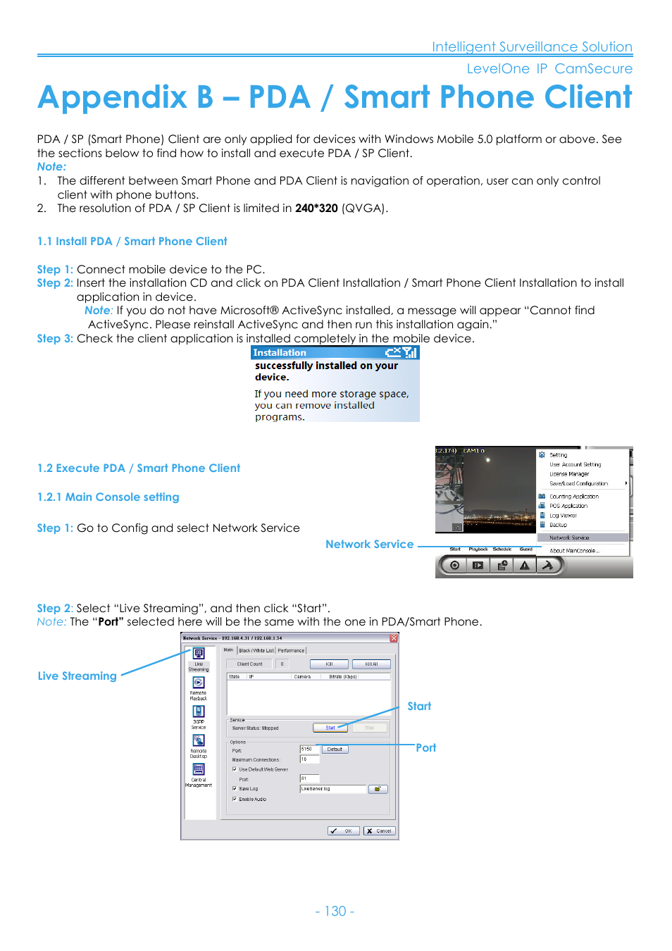 Appendix b – pda / smart phone client, 1 install pda / smart phone client, 2 execute pda / smart phone client | 1 main console setting | LevelOne FCS-8006 User Manual | Page 131 / 139