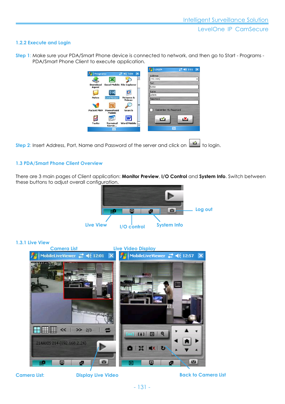 2 execute and login, 3 pda/smart phone client overview, 1 live view | LevelOne FCS-8006 User Manual | Page 132 / 139