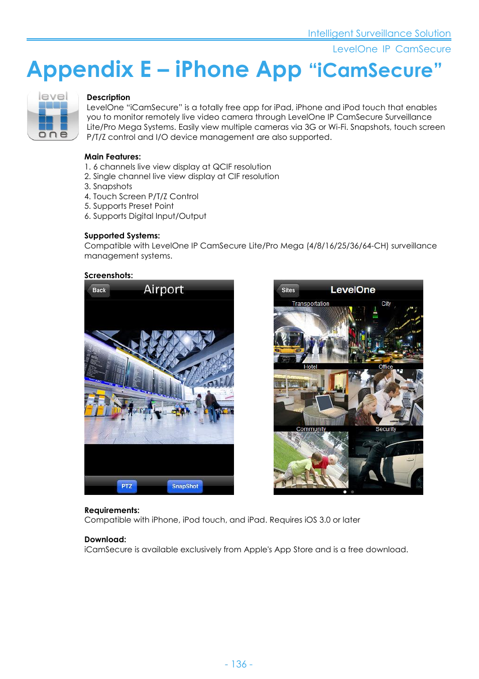 Appendix e – iphone app “icamsecure, Appendix e – iphone app, Icamsecure | LevelOne FCS-8006 User Manual | Page 137 / 139