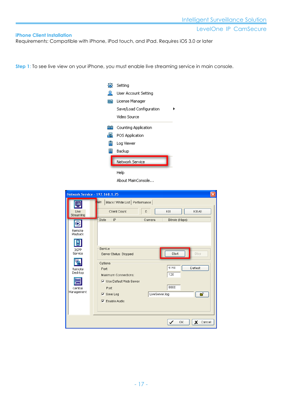 Iphone client installation, Main console | LevelOne FCS-8006 User Manual | Page 18 / 139