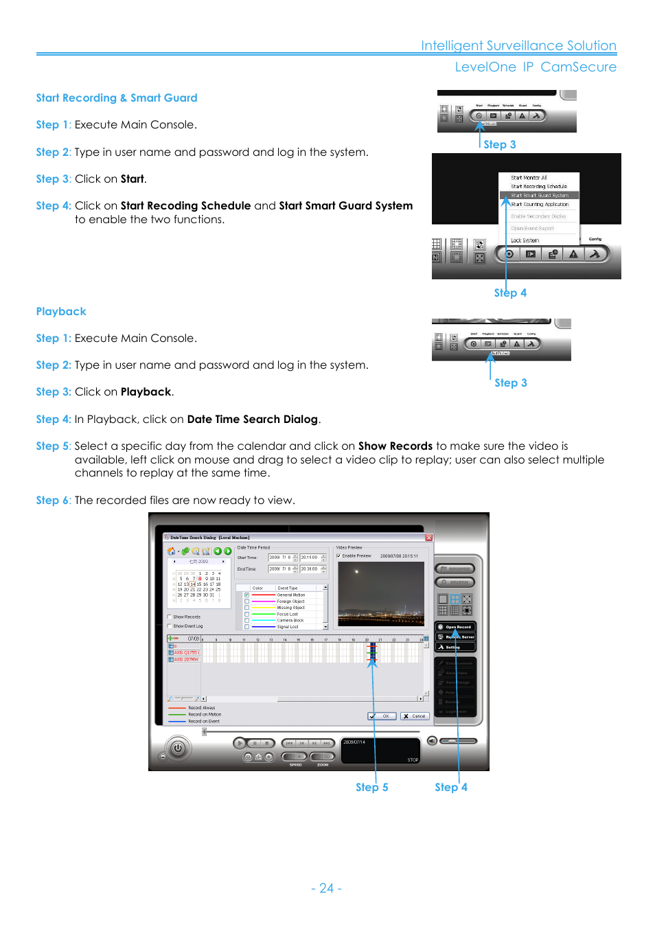 Start recording & smart guard, Playback | LevelOne FCS-8006 User Manual | Page 25 / 139