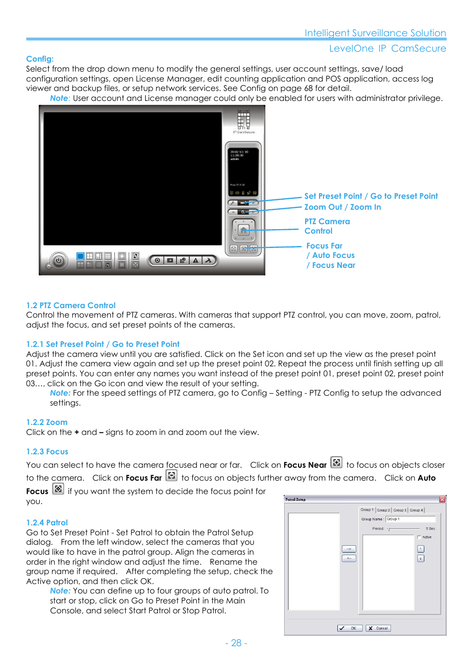2 ptz camera control, 1 set preset point / go to preset point, 2 zoom | 3 focus, 4 patrol | LevelOne FCS-8006 User Manual | Page 29 / 139