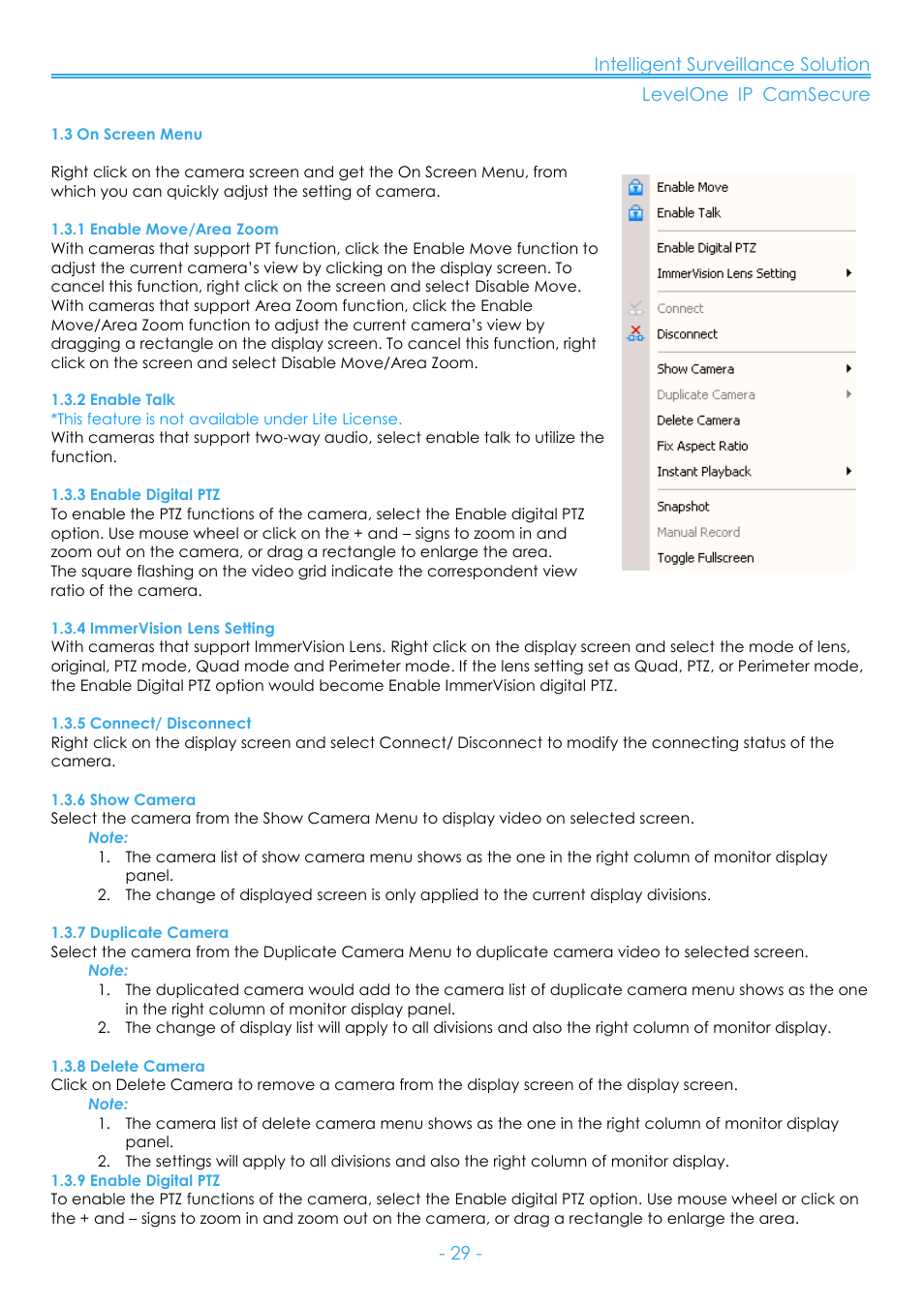 3 on screen menu, 1 enable move/area zoom, 2 enable talk | 3 enable digital ptz, 4 immervision lens setting, 5 connect/ disconnect, 6 show camera, 7 duplicate camera, 8 delete camera, 9 enable digital ptz | LevelOne FCS-8006 User Manual | Page 30 / 139