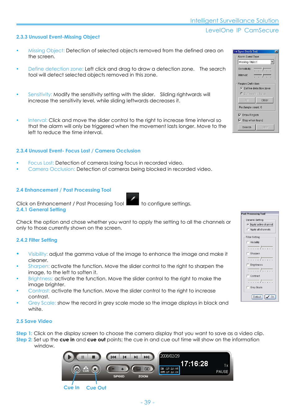 3 unusual event-missing object, 4 unusual event- focus lost / camera occlusion, 4 enhancement / post processing tool | 1 general setting, 2 filter setting, 5 save video | LevelOne FCS-8006 User Manual | Page 40 / 139