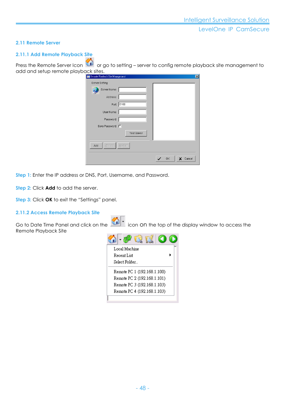 11 remote server, 1 add remote playback site, 2 access remote playback site | LevelOne FCS-8006 User Manual | Page 49 / 139
