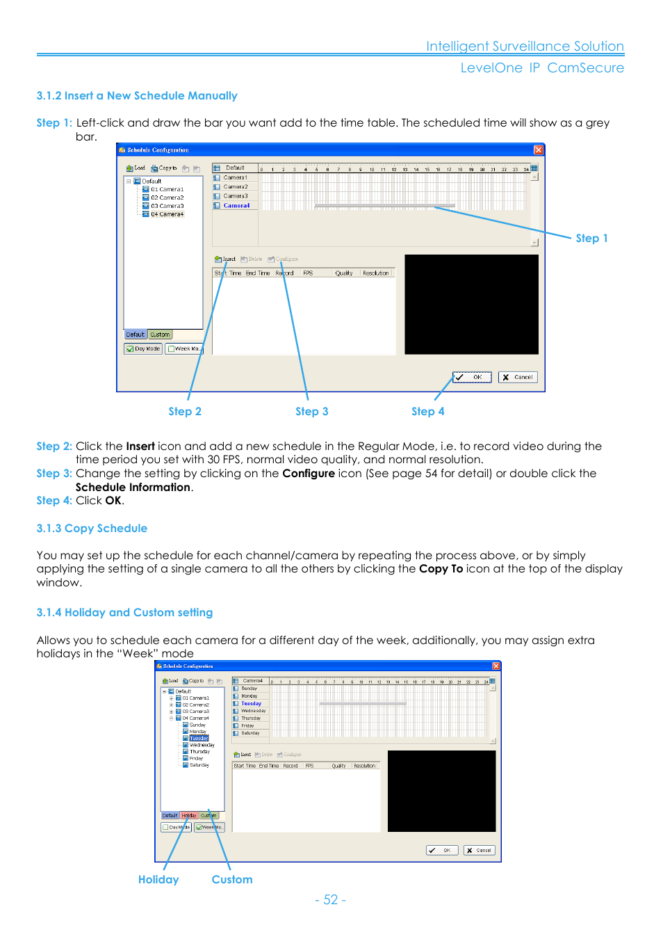 2 insert a new schedule manually, 3 copy schedule, 4 holiday and custom setting | LevelOne FCS-8006 User Manual | Page 53 / 139