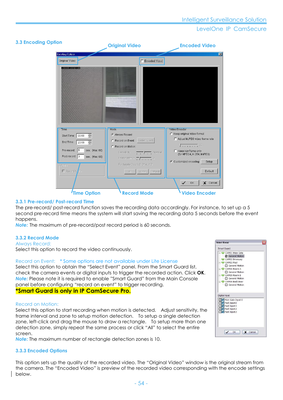3 encoding option, 1 pre-record/ post-record time, 2 record mode | 3 encoded options | LevelOne FCS-8006 User Manual | Page 55 / 139