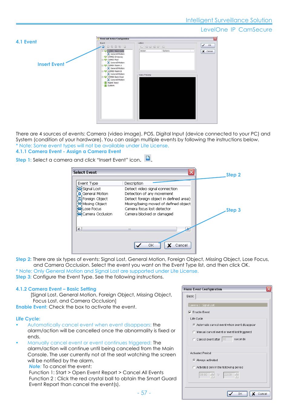 1 event, 1 camera event - assign a camera event, 2 camera event – basic setting | LevelOne FCS-8006 User Manual | Page 58 / 139