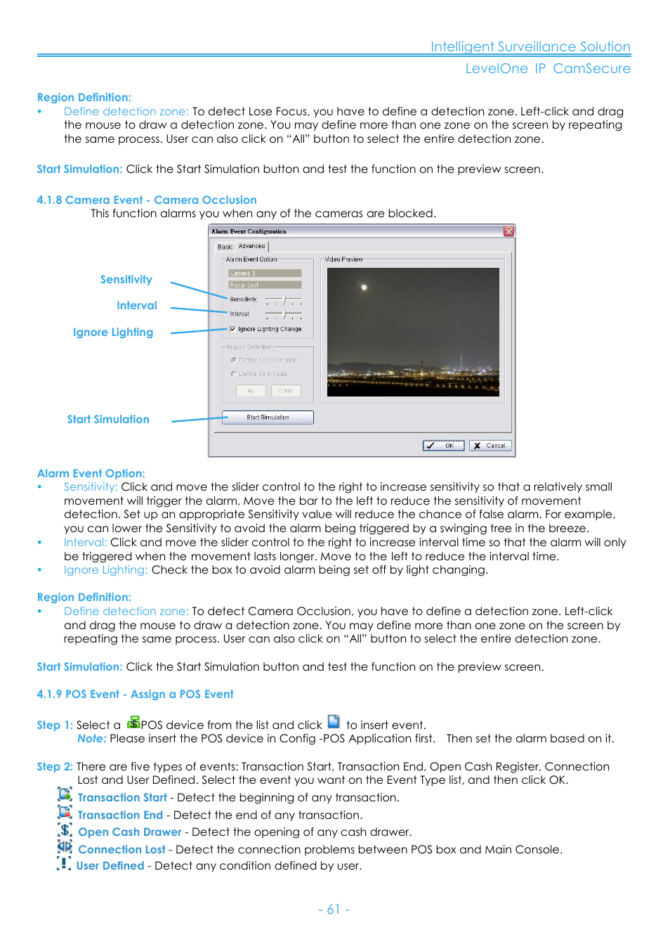 8 camera event - camera occlusion, 9 pos event - assign a pos event | LevelOne FCS-8006 User Manual | Page 62 / 139