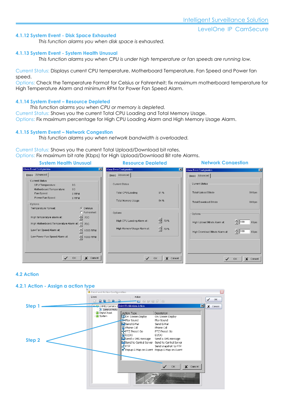 12 system event - disk space exhausted, 13 system event - system health unusual, 14 system event – resource depleted | 15 system event – network congestion, 2 action, 1 action - assign a action type | LevelOne FCS-8006 User Manual | Page 64 / 139