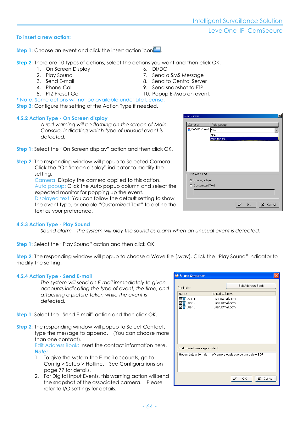2 action type - on screen display, 3 action type - play sound, 4 action type - send e-mail | LevelOne FCS-8006 User Manual | Page 65 / 139