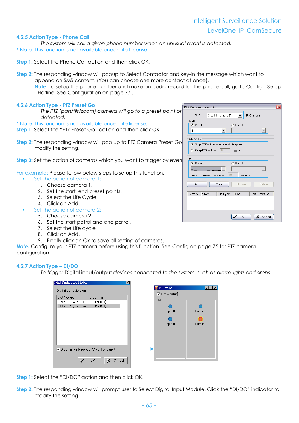 5 action type - phone call, 6 action type - ptz preset go, 7 action type – di/do | LevelOne FCS-8006 User Manual | Page 66 / 139