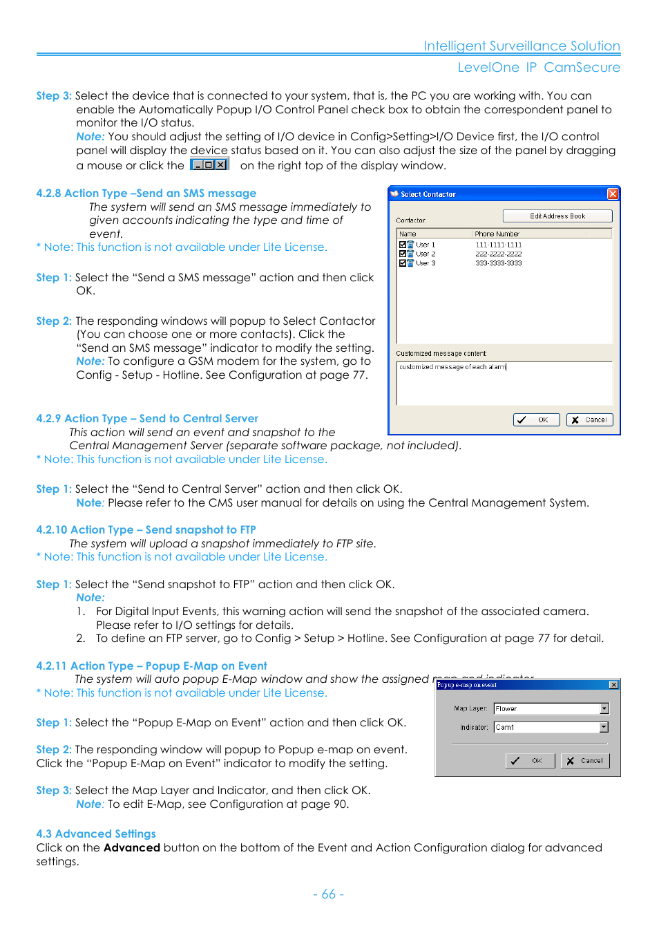 8 action type –send an sms message, 9 action type – send to central server, 10 action type – send snapshot to ftp | 11 action type – popup e-map on event, 3 advanced settings | LevelOne FCS-8006 User Manual | Page 67 / 139