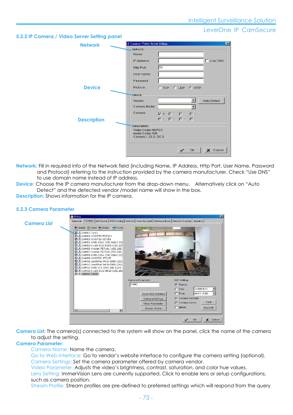 2 ip camera / video server setting panel, 3 camera parameter | LevelOne FCS-8006 User Manual | Page 74 / 139