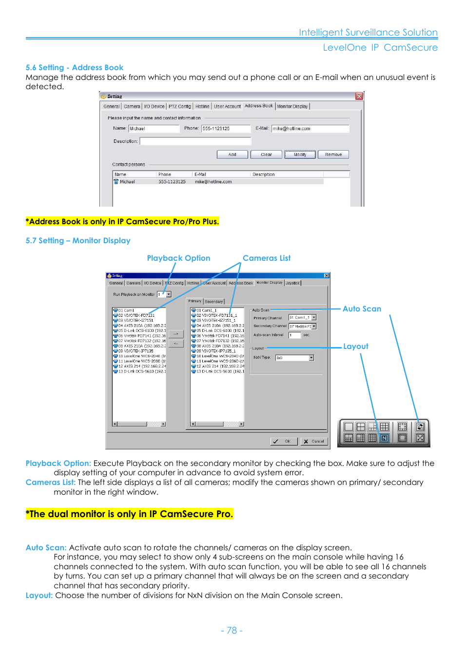 6 setting - address book, 7 setting – monitor display, Ge 78 | LevelOne FCS-8006 User Manual | Page 79 / 139