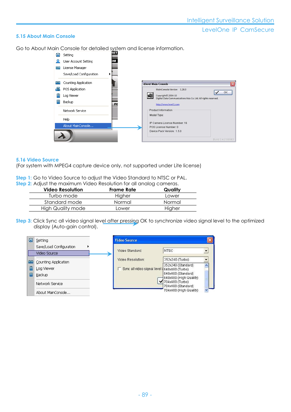 15 about main console, 16 video source | LevelOne FCS-8006 User Manual | Page 90 / 139