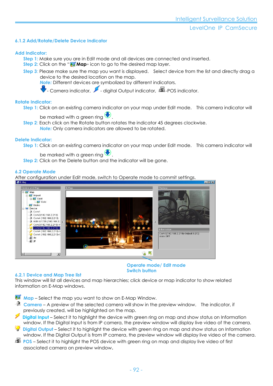 2 add/rotate/delete device indicator, 2 operate mode, 1 device and map tree list | LevelOne FCS-8006 User Manual | Page 93 / 139