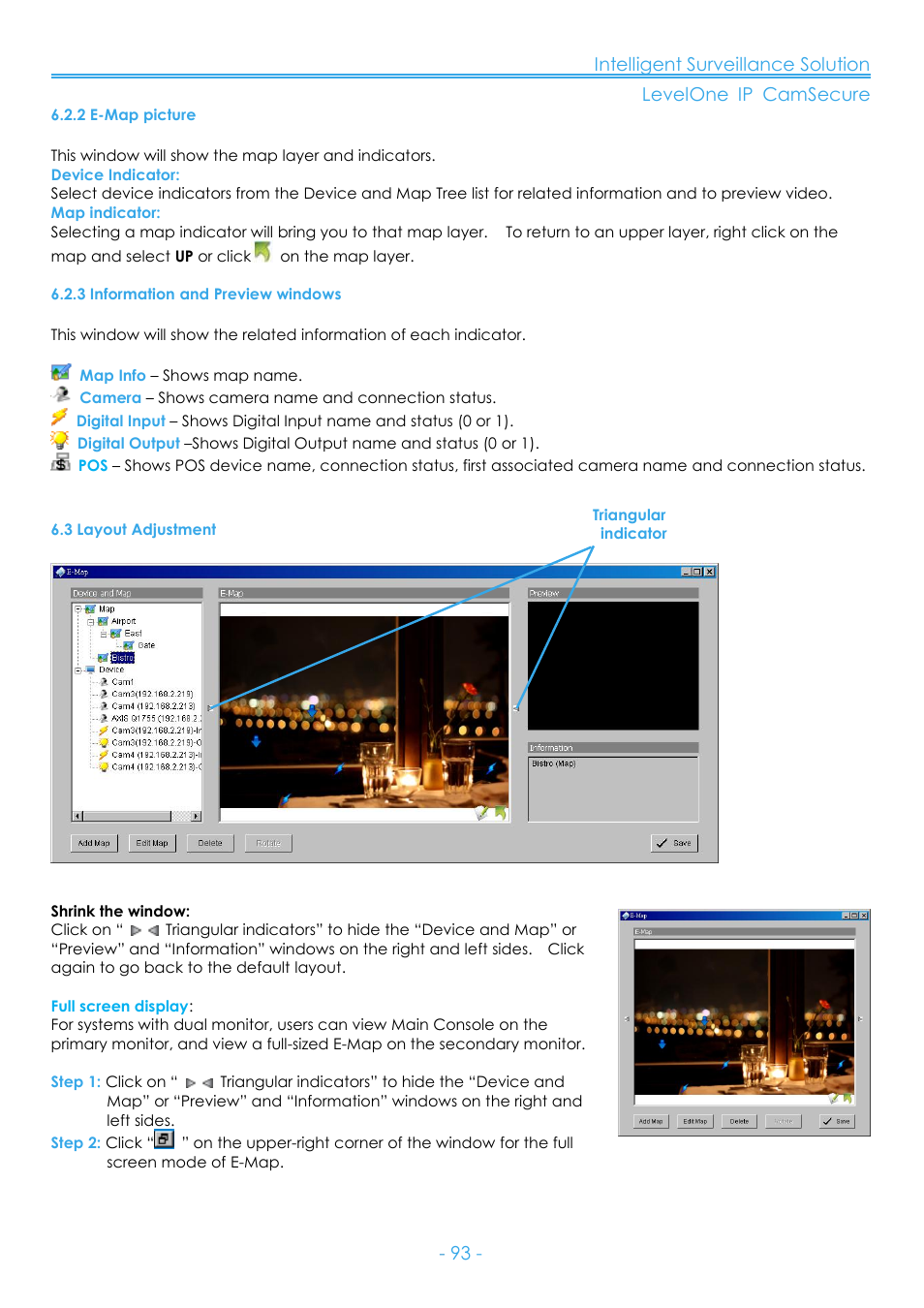 2 e-map picture, 3 information and preview windows, 3 layout adjustment | LevelOne FCS-8006 User Manual | Page 94 / 139