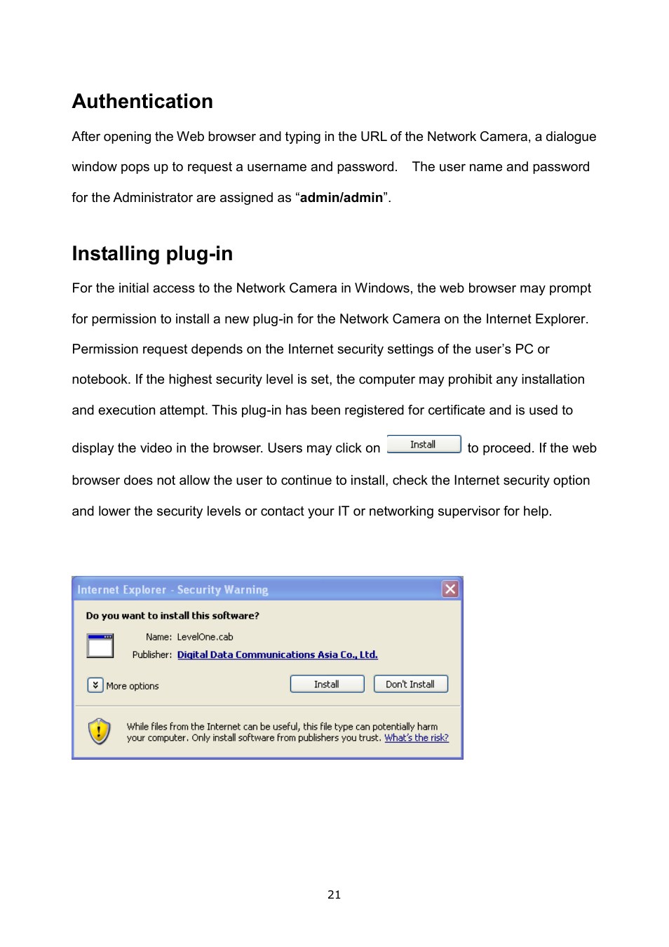 Authentication installing plug-in, Authentication, Installing plug-in | LevelOne FCS-3052 User Manual | Page 25 / 66