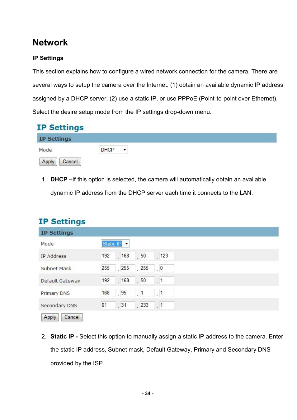 Network, Ip settings | LevelOne FCS-3052 User Manual | Page 38 / 66