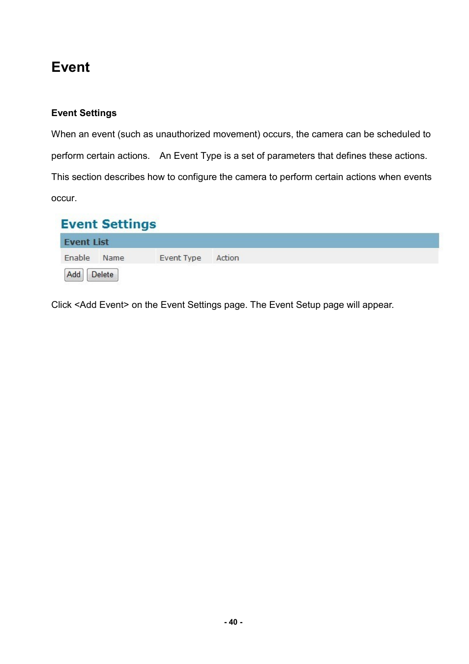 Event, Event settings | LevelOne FCS-3052 User Manual | Page 44 / 66