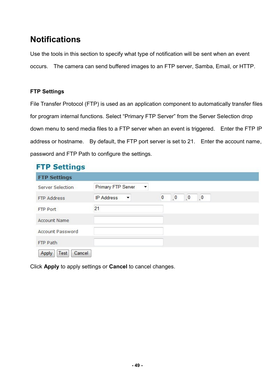 Notifications, Ftp settings | LevelOne FCS-3052 User Manual | Page 53 / 66