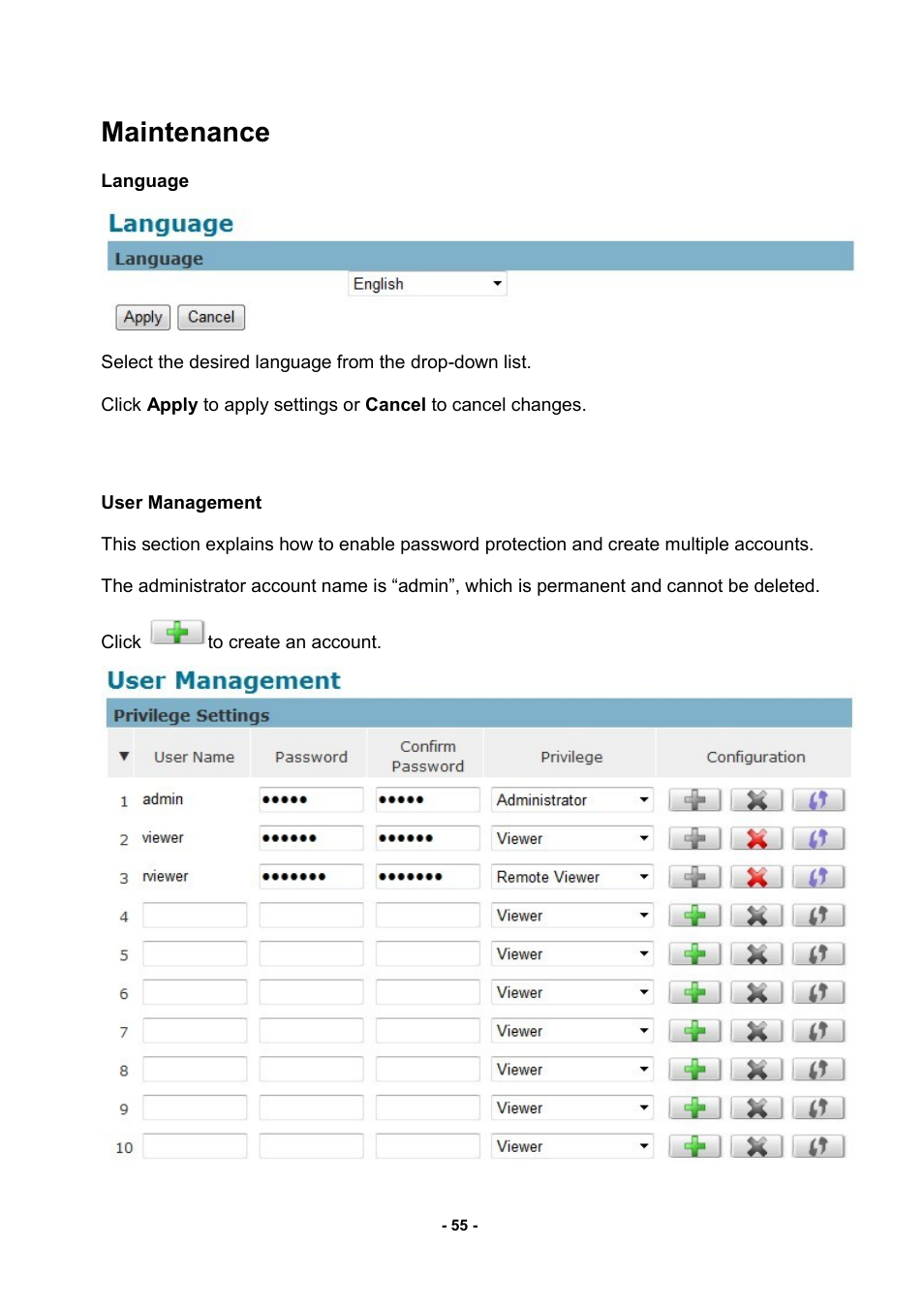 Maintenance, Language user management | LevelOne FCS-3052 User Manual | Page 59 / 66