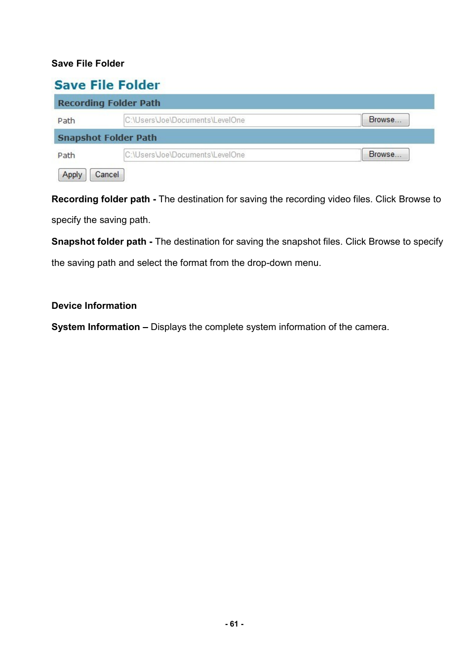 Save file folder device information | LevelOne FCS-3052 User Manual | Page 65 / 66