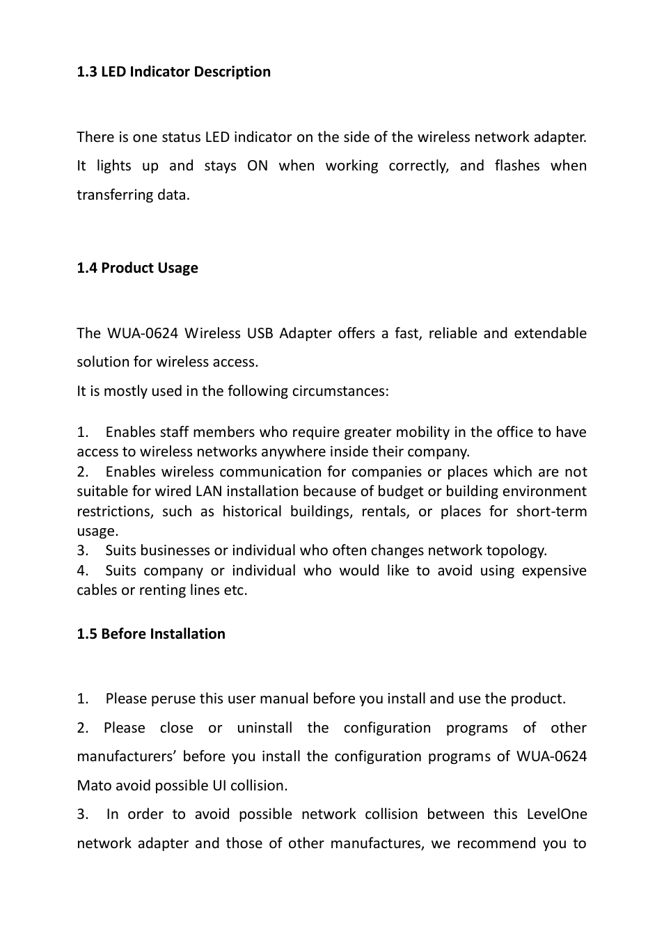 Ndicator, Escription, Roduct | Sage, Efore, Nstallation | LevelOne WUA-0624 User Manual | Page 4 / 31