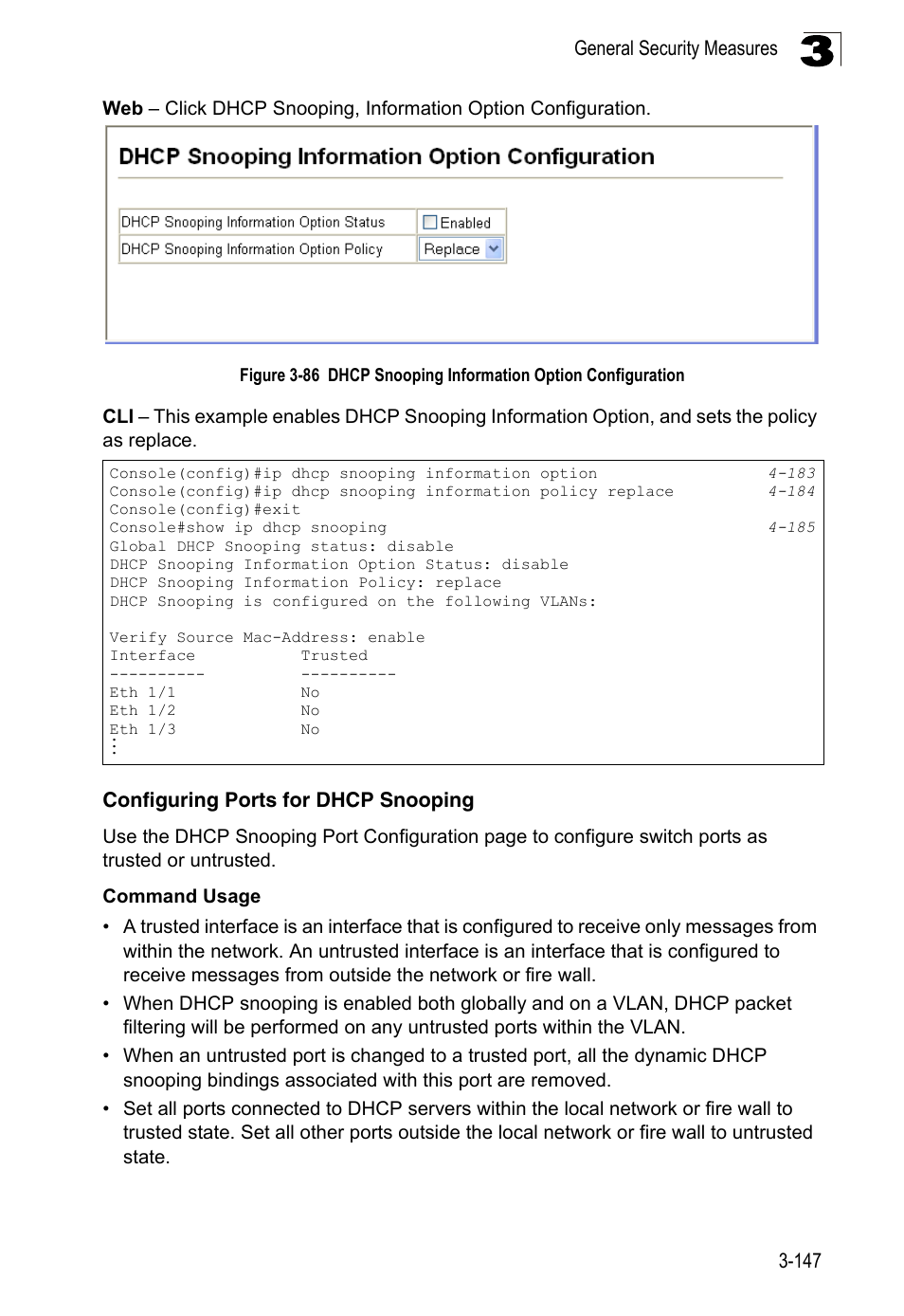 Configuring ports for dhcp snooping, Figure 3-86, Dhcp snooping information option configuration | LevelOne FGL-2870 User Manual | Page 201 / 800