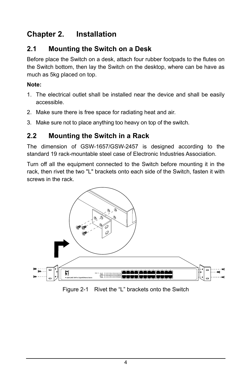 Chapter 2. installation, 1 mounting the switch on a desk, 2 mounting the switch in a rack | Mounting the switch on a desk, Mounting the switch in a rack | LevelOne GSW-2457 User Manual | Page 8 / 12