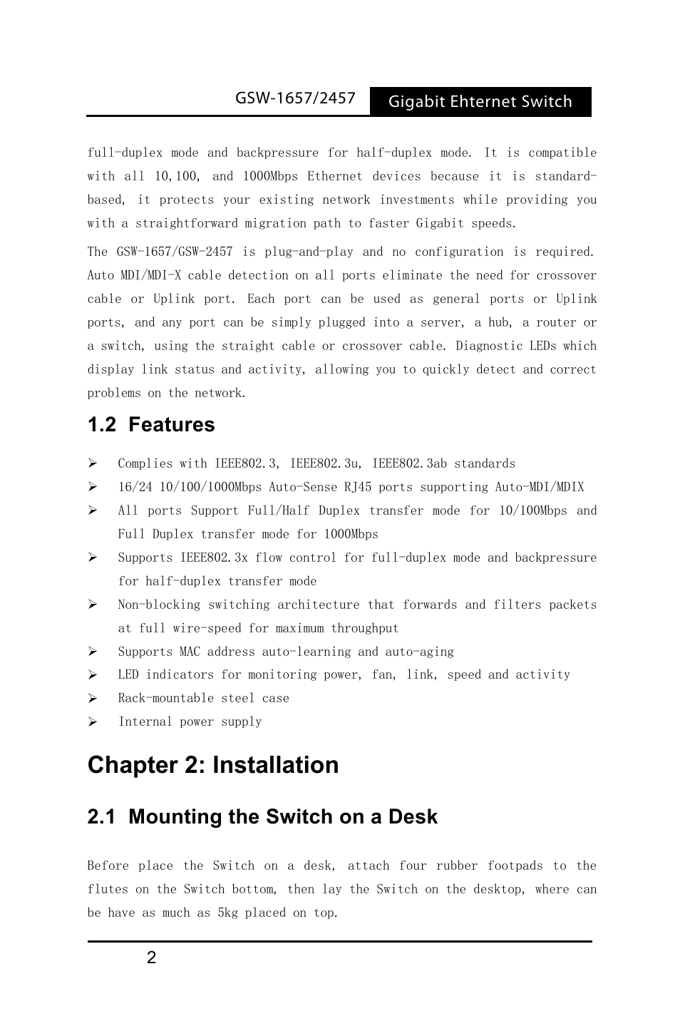 Chapter 2: installation, 2 features, 1 mounting the switch on a desk | LevelOne GSW-2457 User Manual | Page 6 / 11